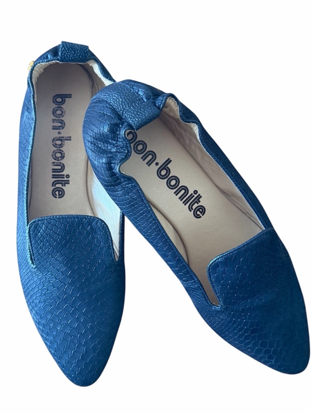 Bon-Bonite Blue Leather Snakeskin Embossed Pointed Toe Loafer Flats Size 9 - Picture 2 of 8